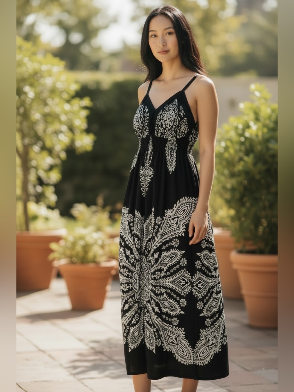 Point Zero (S) Black Midi Dress White Paisley Print White Smocking Sundress - Picture 14 of 14